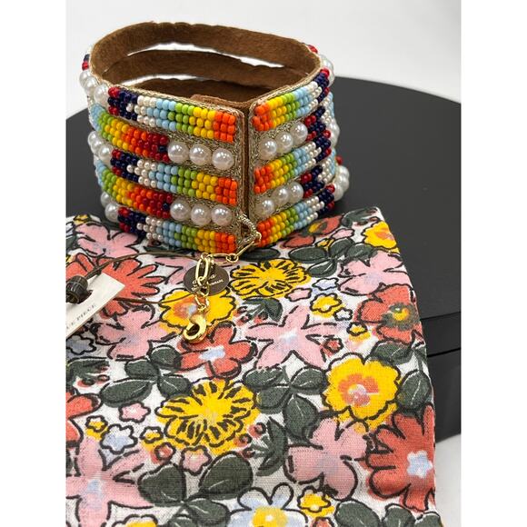 Deepa Gurnani Valli White Faux Pearl Orange/Yellow Multi  Peyote Cuff‎ Bracelet - Picture 8 of 8